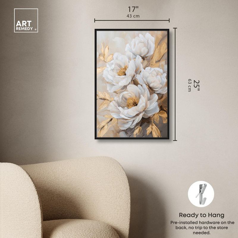 Art Remedy, art floral élégant sur toile, Blooming in the Golden Mist, H 25 po x l 17 po, Cadre flottant noir