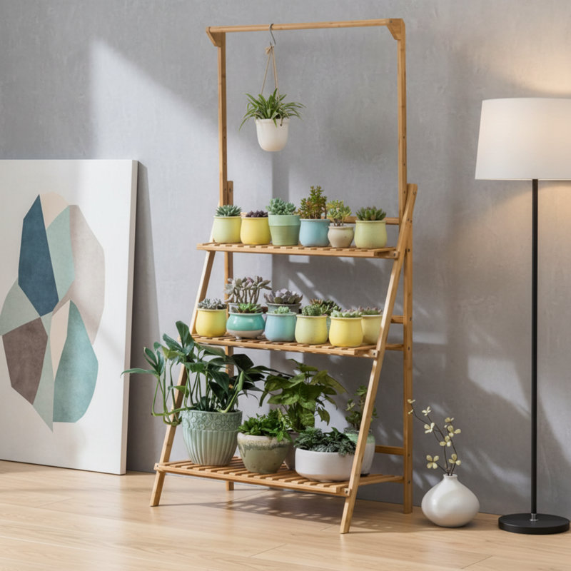 Support à plante à suspendre à trois niveaux en bambou, rangement pour pot de fleurs pliable et présentoir
