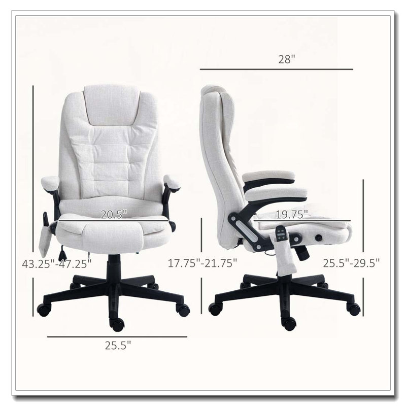 Microfiber Massage Desk Chair With Heat Function And Reclining Backrest, Cream White