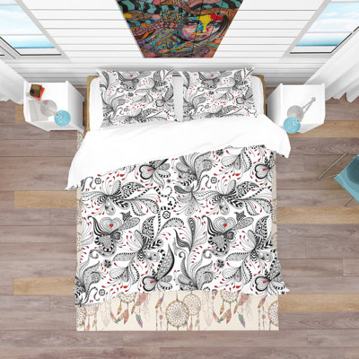 Black & Red Floral Pattern - Floral Eclectic Duvet Cover Set - Microfiber Polyester