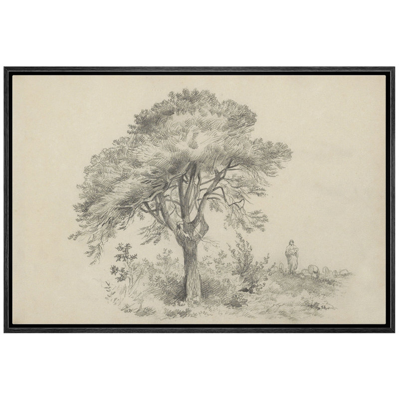 Sketch Jesus And The Lost Lamb By The Tree Artwork Framed Bedroom Wall Decorations Canvas Print, Black, 24" H x 36" W