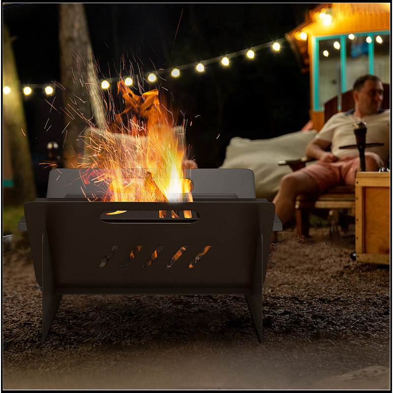 Foyer portatif 3-en-1, poêle, table basse, foyer au bois avec sac de transport et assemblage rapide pour le camping, feu de joie, pique-nique, cour arrière, patio, noir