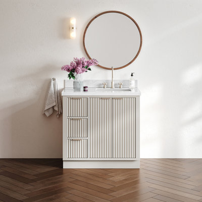 Haun 36'' Solid Wood Single Bathroom Vanity with 1.5'' Carrara Marble Top, Right Offset, Rectangular Sink