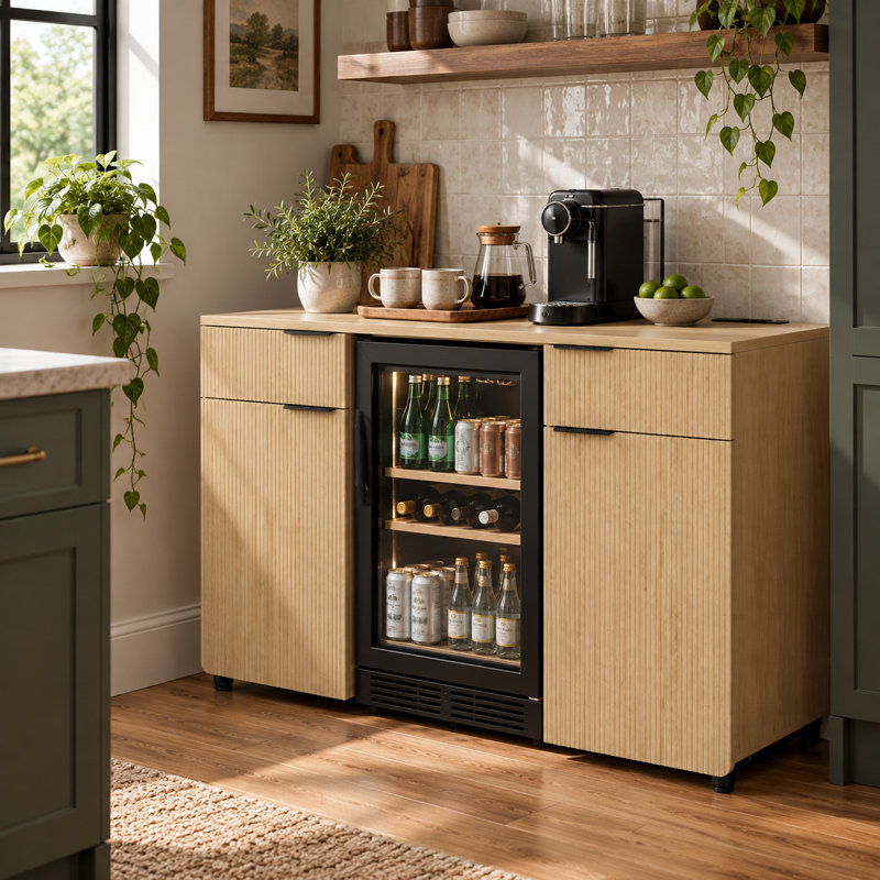 Meuble-bar moderne cannelé de 135 cm de large avec emplacement pour mini-réfrigérateur, tiroirs et pieds réglables — Mini-réfrigérateur non inclus