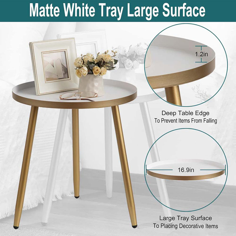 End Table For Any Room - Round Side Tables For Small Spaces - Top With 3 Legged, White Top/Gold Base