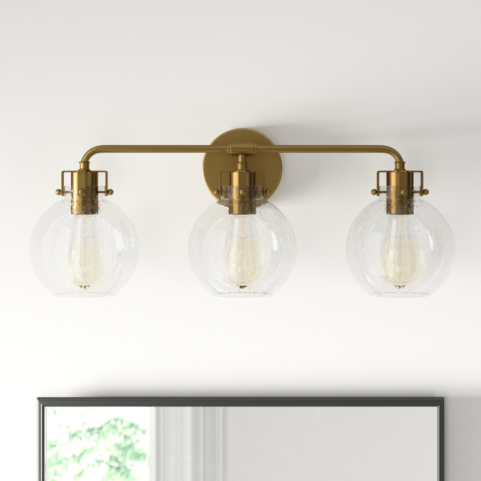 Byrne 3-Light Steel Vanity Light with Seeded Glass Shades, Burnished Brass