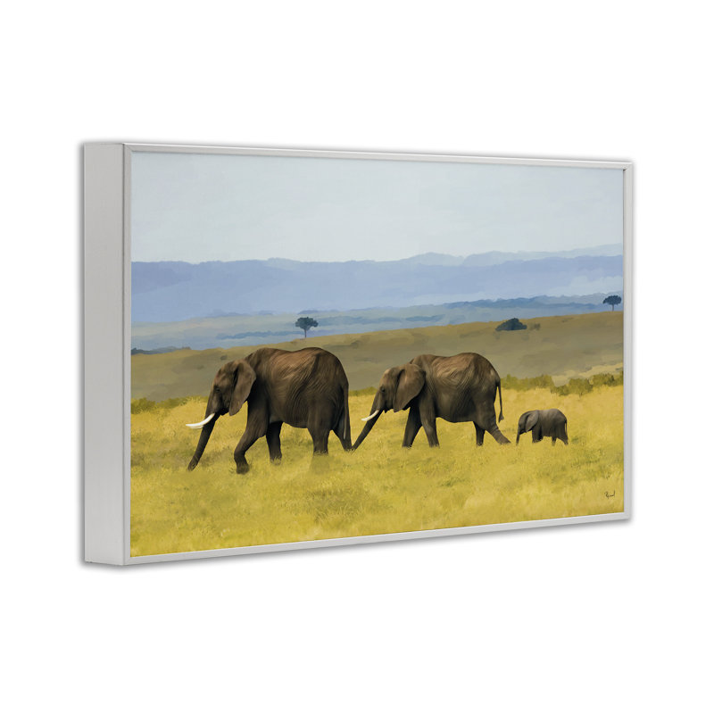 Éléphants dans la prairie, estampe numérique, conception par Renel Peters, H 16 po x l 24 po, Encadrement giclée blanc côtier