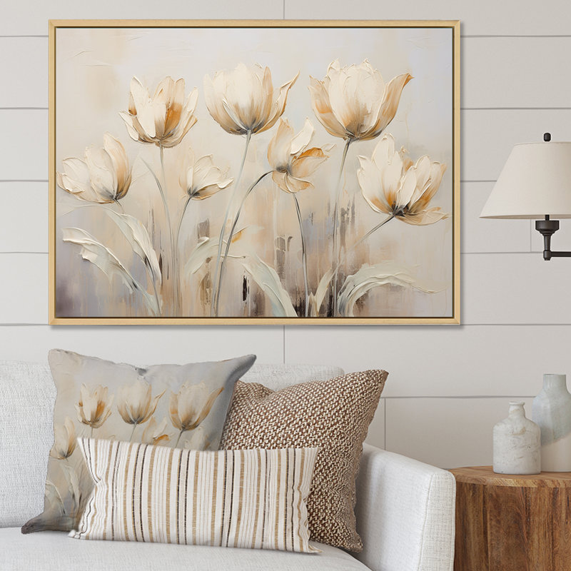 Beige embelli des tulipes Symphony I - tulipes, art mural, Cadre naturel flottant, H 12 po x l 20 po x P 1 po