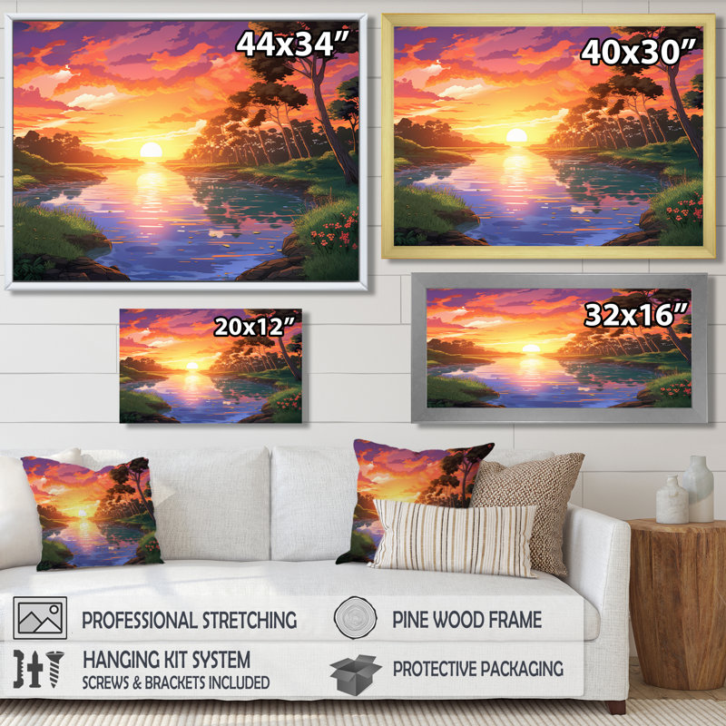 Glorieux coucher de soleil sur la rivière Holland - lac, art mural, Cadre flottant noir, bois massif, H 12 po x l 20 po