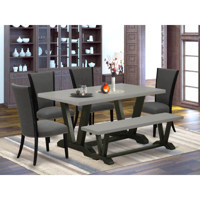 6 Piece Dining Room Set - 4 Dark Gotham Grey Linen Fabric Kitchen Chairs with Nail heads and Cement Wood Dining Table - a Mid Century Bench - Black Finish
