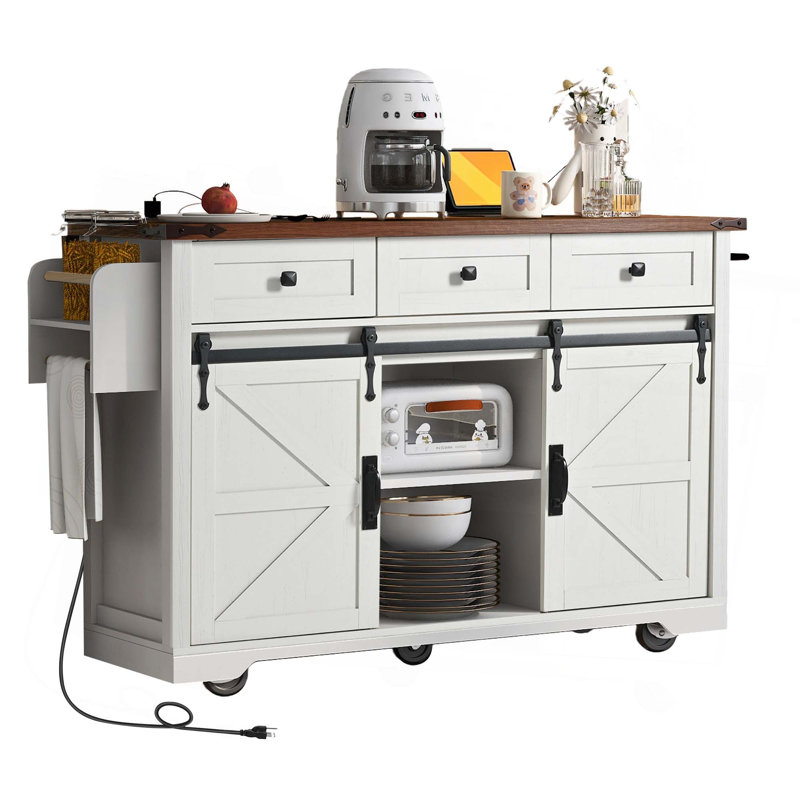 53.7" Farmhouse Kitchen Island with Power Outlet, 2 Sliding Barn Door Kitchen Storage Island with Drop Leaf, Spice Rack Rolling Kitchen Cart on Wheels, for Home, Kitchen and Dining Room