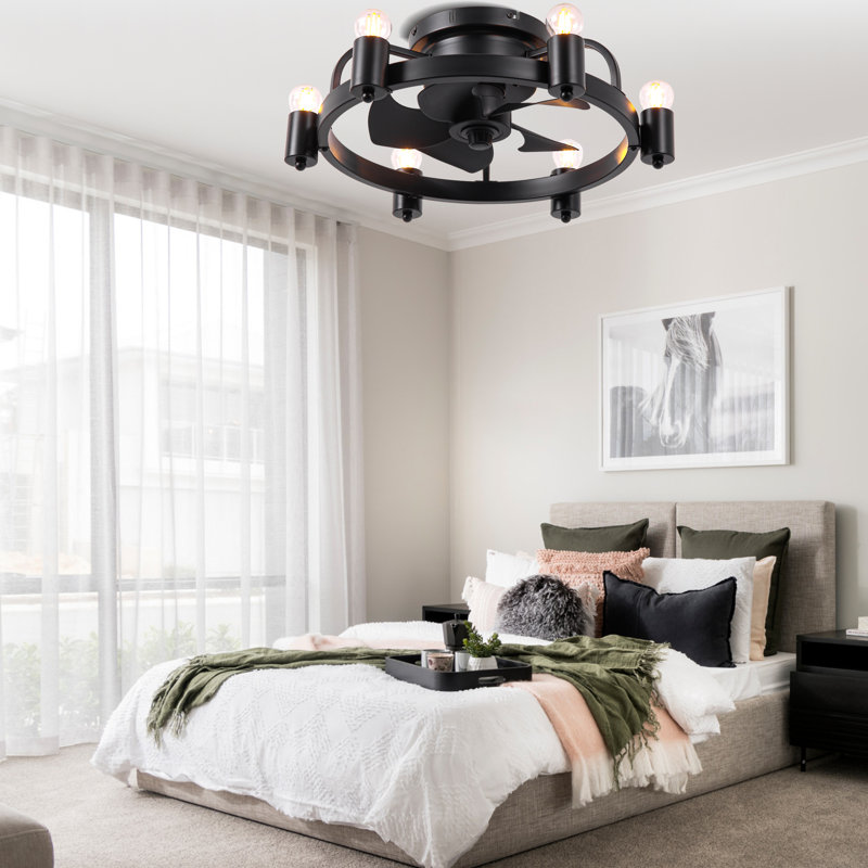 20" Black Industrial Fluh Mount Ceiling Fan with Light Kit and Remote Control 6-speed Reversible Fan for Living Room Bedroom