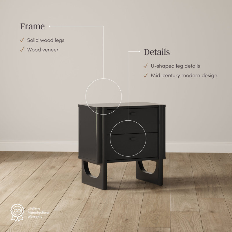 Rounded Wooden 2-Drawer Nightstand, Black Oak, Individual