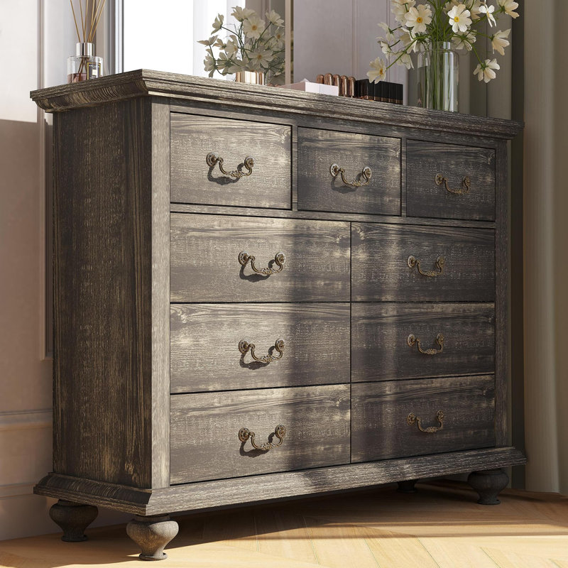 Commode pour chambre à coucher, commodes et commodes à 9 tiroirs larges, commode haute avec poignées en métal richement sculptées