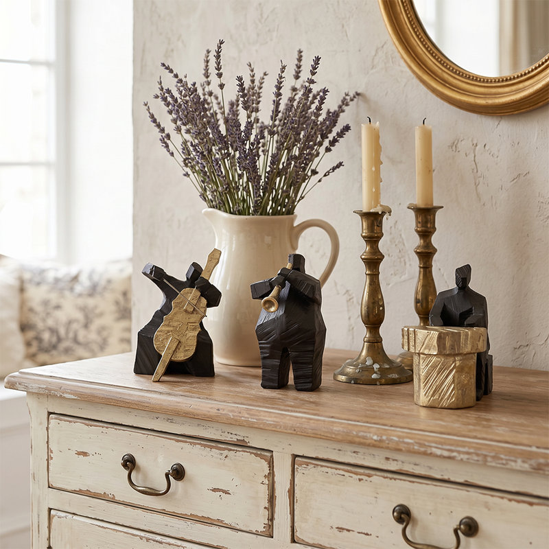 Resin Musician Figurines, Three-Piece Gold Violin, Accordion and Saxophone People Sculptures