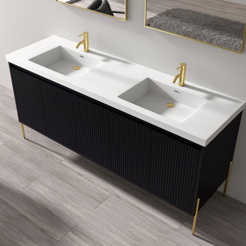 Roscoe 72.8'' Double Bathroom Vanity with Resin Top, Charcoal, Gold