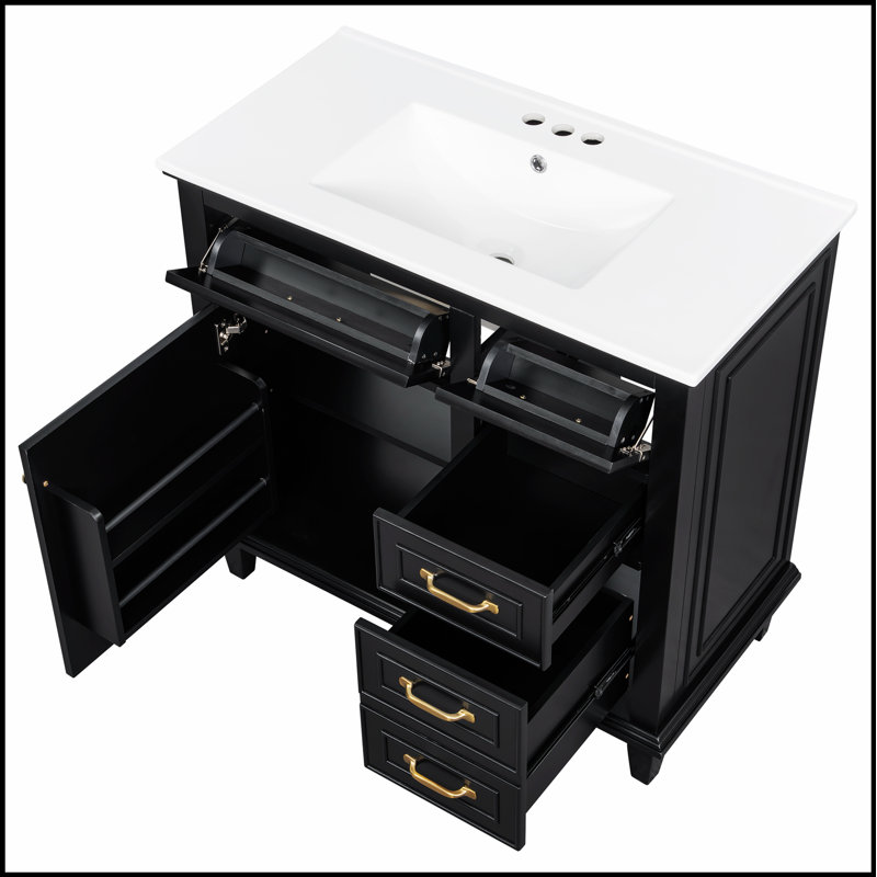 Meuble-lavabo de 36 pouces avec lavabo en céramique, structure en bois massif, armoire en bois aggloméré et peuplier, tiroirs rabattables, tablette réglable et poignées en alliage de zinc