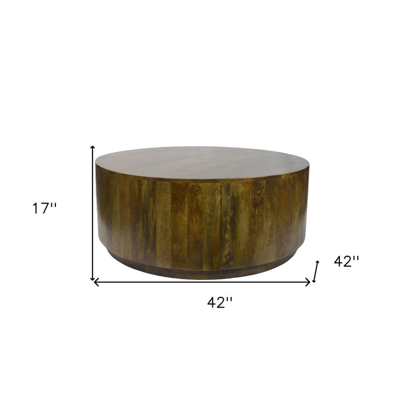  42" Brown Solid Wood Round Coffee Table – Farmhouse Drum, Dark Brown