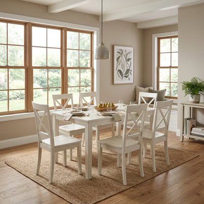 Linen White Rubberwood Rectangular 7 Piece Dining Set 6 Wood Seat Cross Back Chairs
