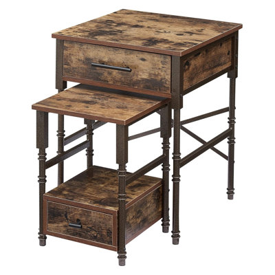 Set of 2 Nesting End Tables with Drawers, Wood Top and Metal Frame