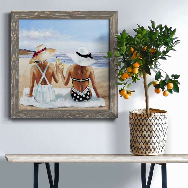 Mesdames avec limonade - peinture sur toile encadrée, H 17 po x l 17 po x P 1,5 po, Toile avec cadre gris vieilli