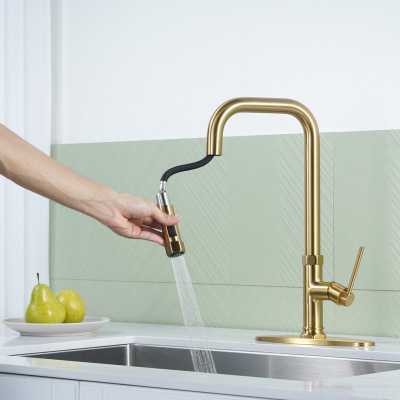 ARCORA Single Handle Pull Down Kitchen Faucet with Deck Plate, Gold