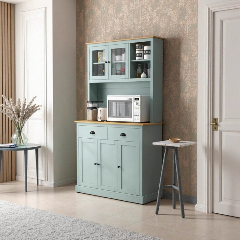 Buffet de cuisine autoportant bleu clair avec huche - Armoire de rangement pour garde-manger avec tiroirs, portes en verre et tablettes réglables