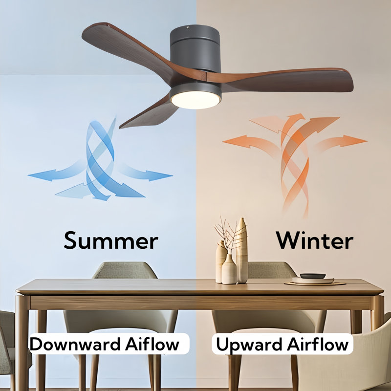 42" 3 - Blade Modern Ceiling Fan with LED Light and Remote Control Flush Mount Ceiling Fan with Light Solid Wood Blades 3 Colors 6-Speed Reversible Motor Timer