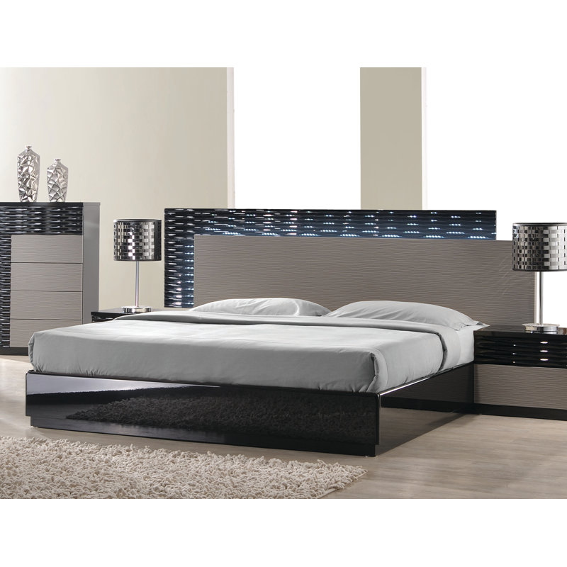 Kahlil Black with Grey Platform Bed with LED Lighting , Eastern King