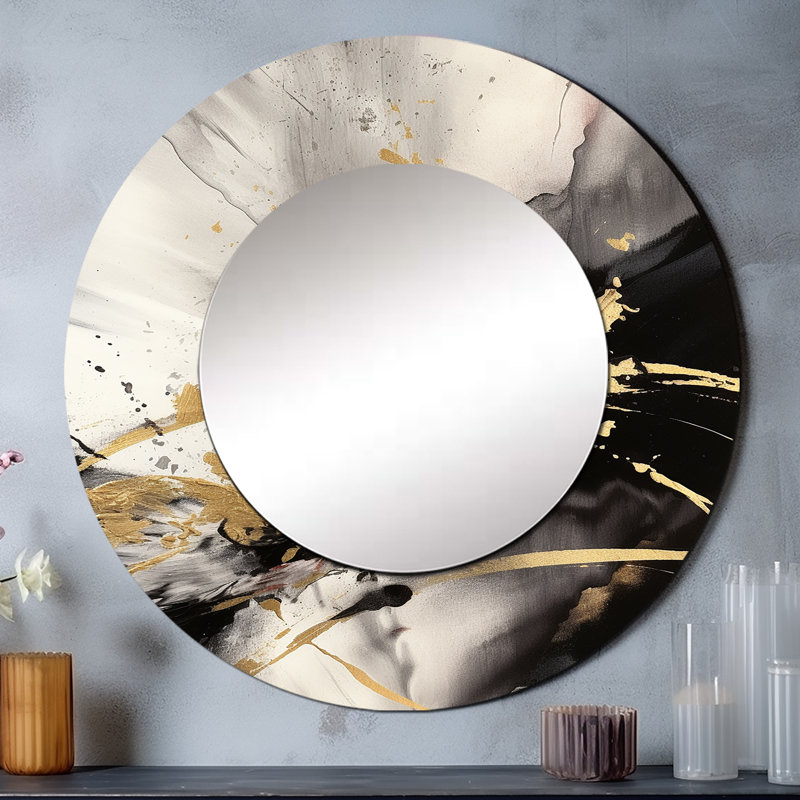 Gold And Grey Fluid Fusion II - Abstract Round Mirror Wall Decor, 29" x 29"