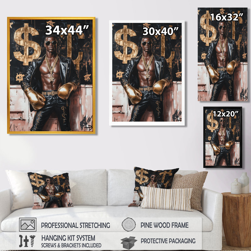 «Boss Fighter», impression d'art mural «American Man», Toile avec cadre flottant brun, H 20 po x l 12 po x P 1 po