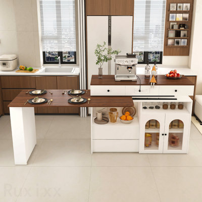 Îlot de cuisine extensible et rotatif 47 po, poste de salle à manger extensible pour 2 à 4 personnes