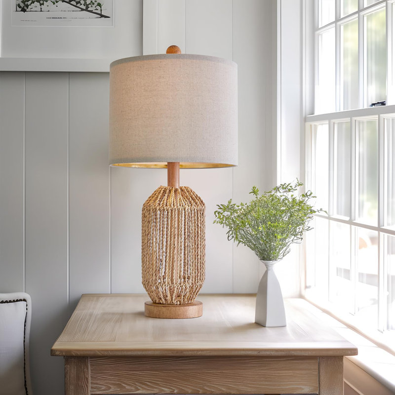 21" Brown Rattan and Linen Farmhouse Table Lamps Set of 2