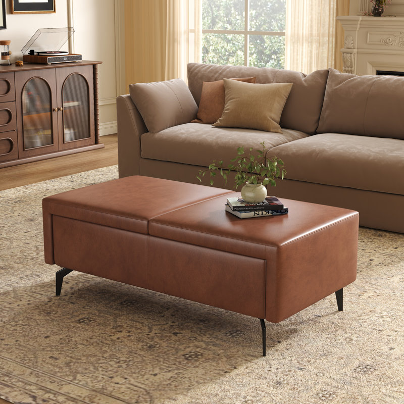 Repose-pieds 59,1 po en similicuir brun foncé avec rangement, Simili cuir brun foncé, 17.72" H x 59.1" W x 24.4" D