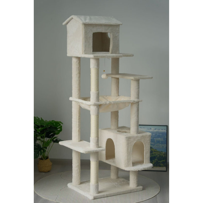 63 pouces, multi-niveaux, beige, arbre à chat, 5 niveaux, escalade, repos, jeu, grattoirs, cachette, arbre beige suspendu avec organisation de plate-forme de niveau