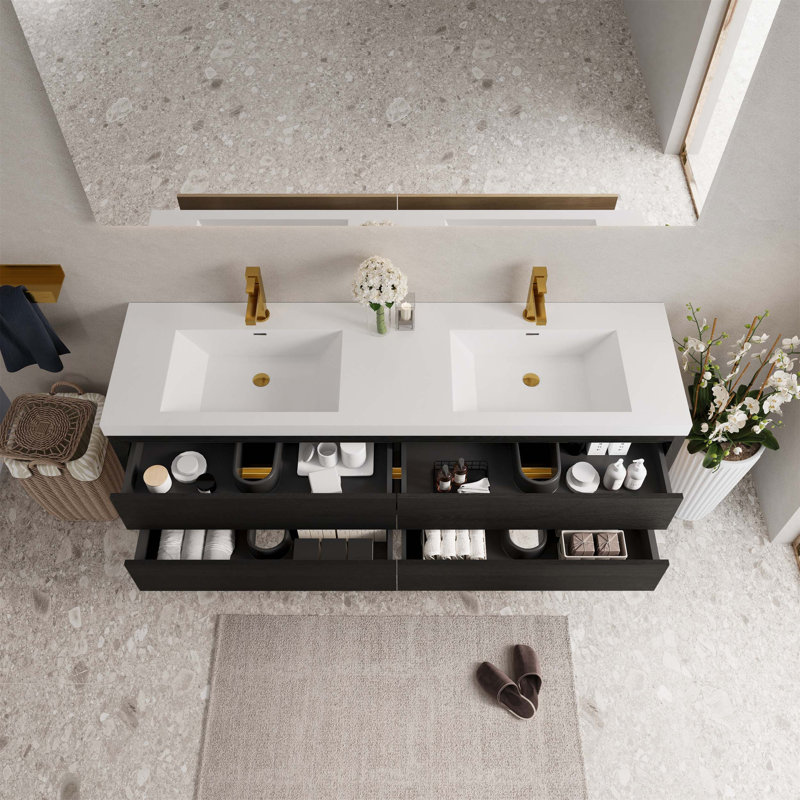 Meuble-lavabo mural avec lavabo, armoire de rangement flottante avec comptoir et tiroirs à fermeture en douceur, idéal pour l'organisation de la salle de bain