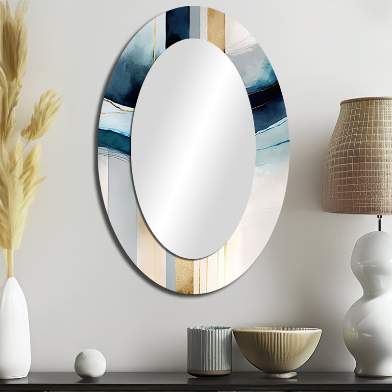 Abstrait transitionnel moderne, formes V - grand miroir mural ovale sur métal, 36 po x 24 po