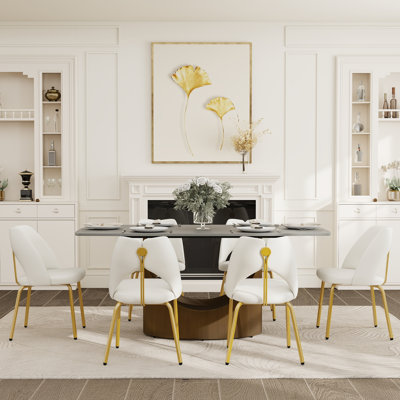 Ensemble de table de salle à manger en pierre frittée pour 6 personnes avec chaises rembourrées en similicuir