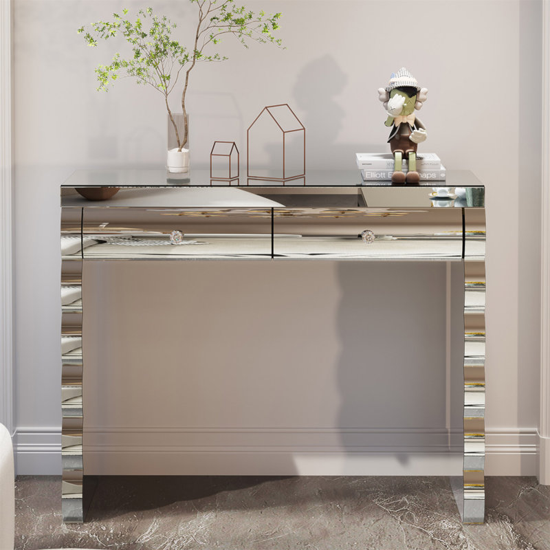 Console à miroir, coiffeuse argentée pour miroir courbé au four avec 2 tiroirs, table d'appoint décorative en miroir convenant au couloir et au salon, coiffeuse à miroir