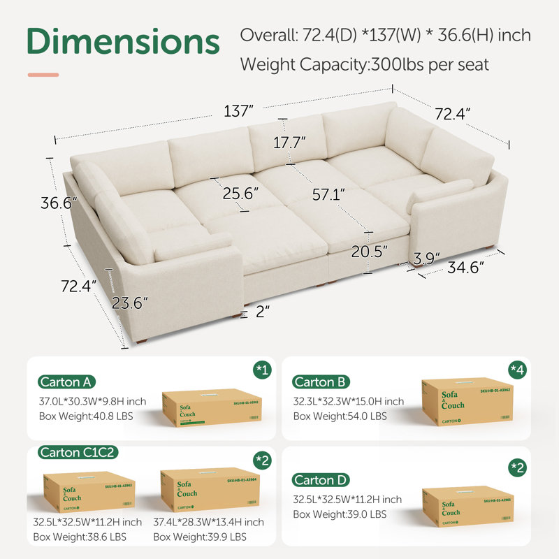 Abramson U-Shaped Chenille Modular Sleeper Cloud Sofa, White Chenille