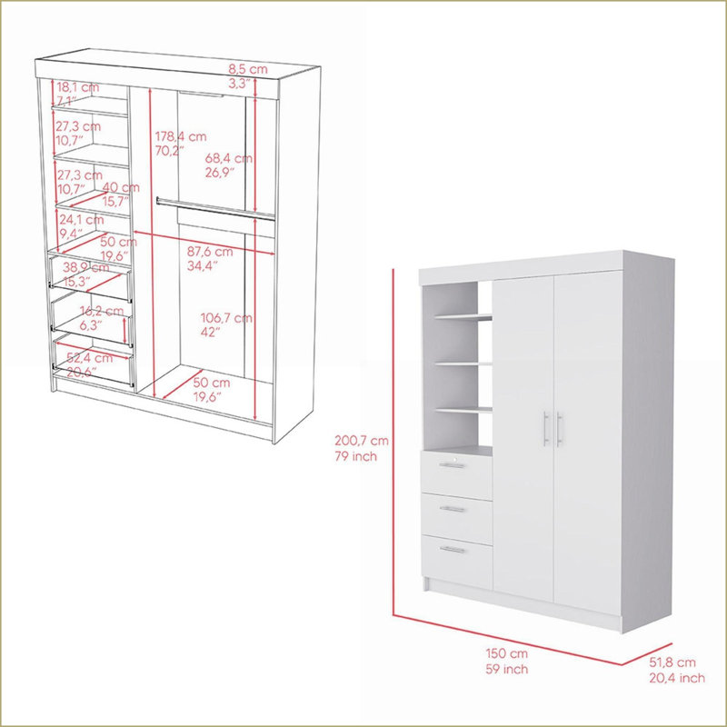 Commodes et amp; Armoire-penderie, armoire polyvalente blanche avec 2 portes, 3 tiroirs et 4 tablettes | Blanc | Bois d'ingénierie