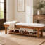 Banc d'entrée rustique en bois massif de 150 cm, banquette rembourrée en tissu bouclé avec étagère à chaussures à lattes