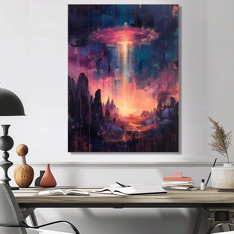 Rose et bleu interstellaire Ufos I - Art mural Ufos, Sans cadre, métal, H 16 po x l 32 po