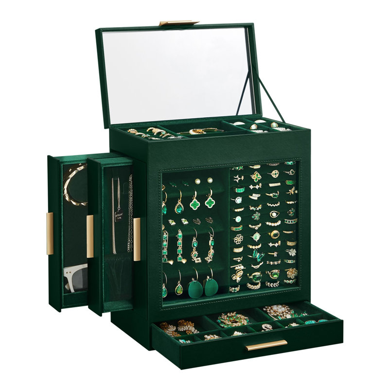 Boîte à bijoux en bois + miroir, Vert forêt