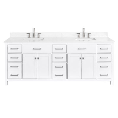 Meuble-lavabo 84 po avec comptoir en marbre d'ingénierie et lavabos doubles blancs
