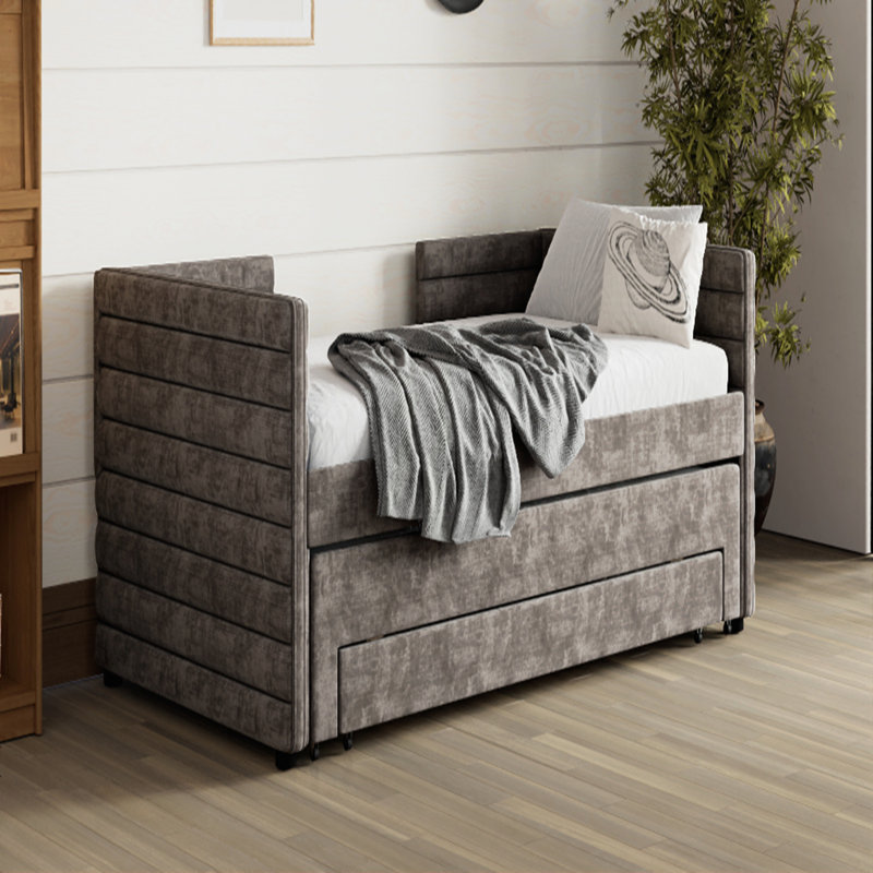 Twin Size Chenille Upholstered Daybed with Trundle and 3 Storage Drawers, Space-Saving Modern Sofa Bed for Guest and Living Rooms, No Box Spring Required, Gray