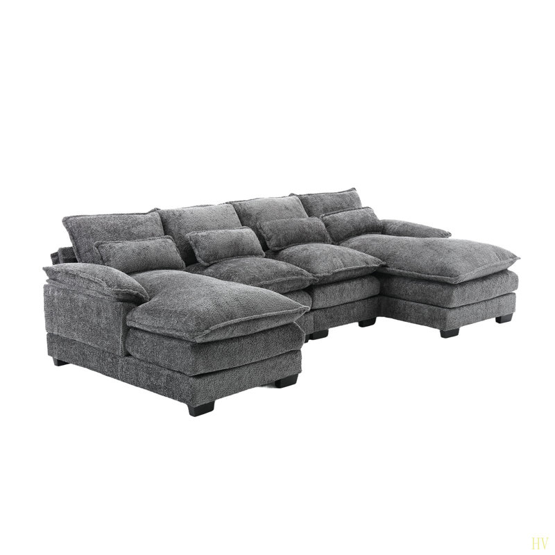 Modern Large Chenille Fabric U-Shape Sectional Sofa, Gray Boucle