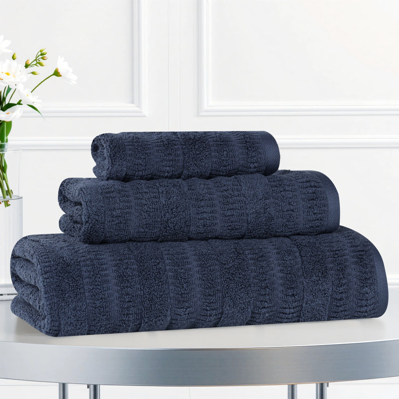 Mika Smart Twist Viscose Cotton Blend Medium Weight Solid Textured Ribbed 3 Piece Towel Set, Navy Blue