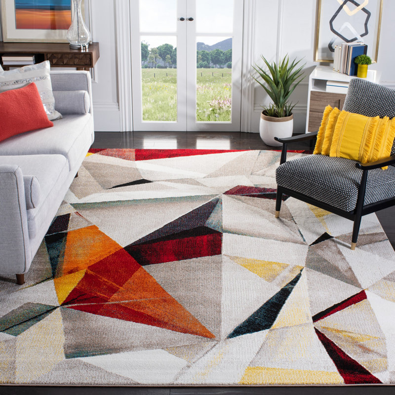 Asumi Wimbled Geometric Gray/Beige Area Rug, Rectangle 5'3" x 7'6"
