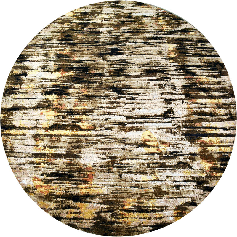 Tapis rond en soie / laine noué à la main brun / noir, Rond 8 pi